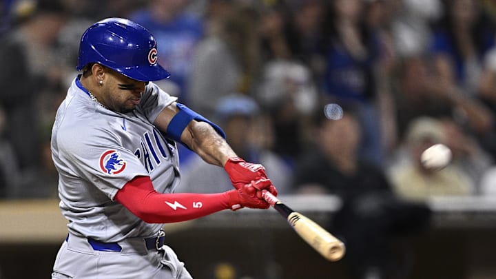 Apr 9, 2024; San Diego, California, USA; Chicago Cubs third baseman Christopher Morel (5) hits a grand slam home run during the fifth inning against the San Diego Padres at Petco Park.