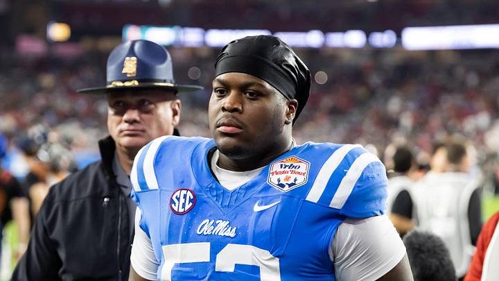 Jan 8, 2026; Glendale, AZ, USA; Mississippi Rebels defensive tackle Will Echoles (52) against the Miami Hurricanes during the 2026 Fiesta Bowl and semifinal game of the College Football Playoff at State Farm Stadium. Mandatory Credit: Mark J. Rebilas-Imagn Images