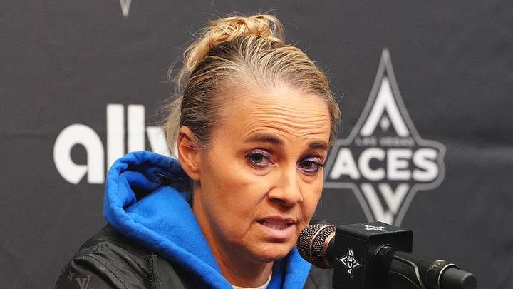 Sep 9, 2025; Las Vegas, Nevada, USA; Las Vegas Aces head coach Becky Hammon holds a presser before a game against the Chicago Sky at T-Mobile Arena. Mandatory Credit: Stephen R. Sylvanie-Imagn Images