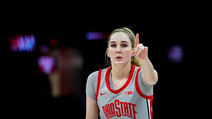 Ohio State Buckeyes forward Kylee Kitts (1) reacts in the second half of the NCAA basketball game at Value City Arena on Wednesday, Jan. 14, 2026 in Columbus, Ohio. Ohio State Buckeyes forward Kylee Kitts (1) reacts in the second half of the NCAA basketball game at Value City Arena on Wednesday, Jan. 14, 2026 in Columbus, Ohio.
