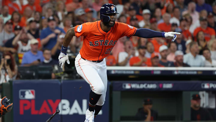 Oct 2, 2024; Houston, Texas, USA; Houston Astros outfielder Jason Heyward (22) points fair as a ball hit by him lands in foul territory against the Detroit Tigers during the second inning of game two of the Wildcard round for the 2024 MLB Playoffs at Minute Maid Park. Mandatory Credit: Thomas Shea-Imagn Images Oct 2, 2024; Houston, Texas, USA; Houston Astros outfielder Jason Heyward (22) points fair as a ball hit by him lands in foul territory against the Detroit Tigers during the second inning of game two of the Wildcard round for the 2024 MLB Playoffs at Minute Maid Park. Mandatory Credit: Thomas Shea-Imagn Images