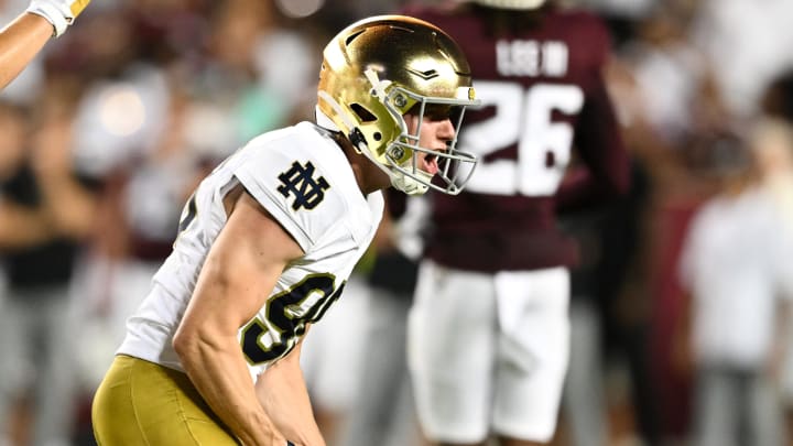 Aug 31, 2024; College Station, Texas, USA; Notre Dame Fighting Irish place kicker Mitch Jeter (98) reacts after kicking the ball during the fourth quarter against the Texas A&M Aggies at Kyle Field. Mandatory Credit: Maria Lysaker-USA TODAY Sports