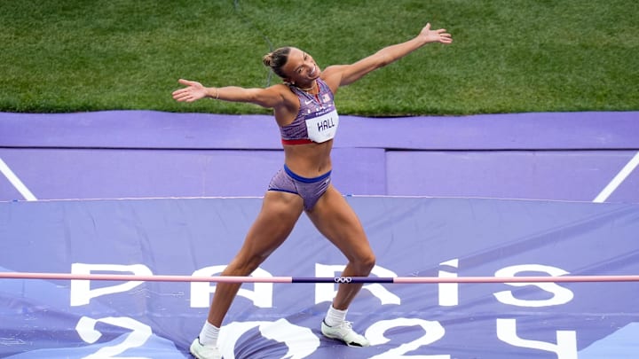 Hall reacts after a successful jump in the heptathlon high jump during the 2024 Paris Olympics.