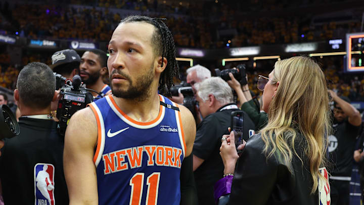 May 31, 2025; Indianapolis, Indiana, USA; New York Knicks guard Jalen Brunson (11) reacts after game six of the eastern conference finals against the Indiana Pacers for the 2025 NBA Playoffs at Gainbridge Fieldhouse. Mandatory Credit: Trevor Ruszkowski-Imagn Images