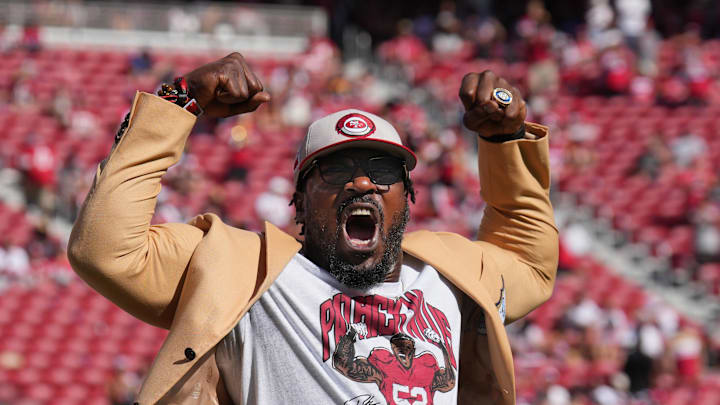 Oct 6, 2024; Santa Clara, California, USA; San Francisco 49ers former linebacker Patrick Willis gestures after speaking to the crowd during halftime against the Arizona Cardinals at Levi's Stadium. Mandatory Credit: Darren Yamashita-Imagn Images
