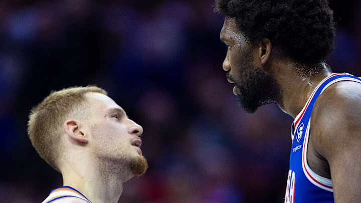 Apr 25, 2024; Philadelphia, Pennsylvania, USA; Philadelphia 76ers center Joel Embiid (21) has words