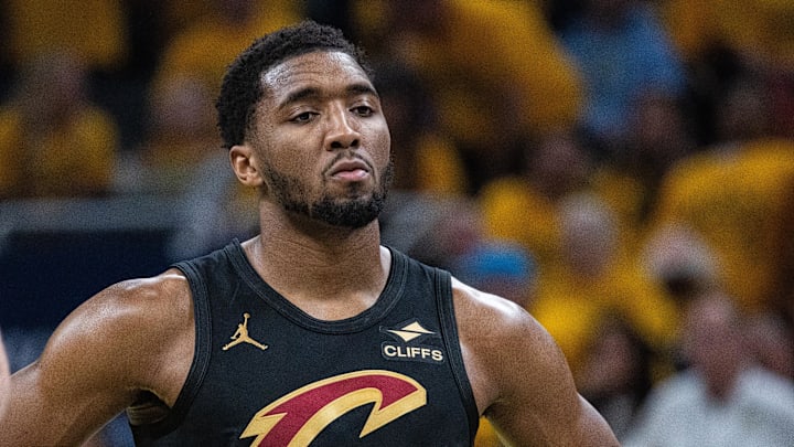 May 9, 2025; Indianapolis, Indiana, USA; Cleveland Cavaliers guard Donovan Mitchell (45) during game three of the second round for the 2025 NBA Playoffs against the Indiana Pacers at Gainbridge Fieldhouse. Mandatory Credit: Trevor Ruszkowski-Imagn Images