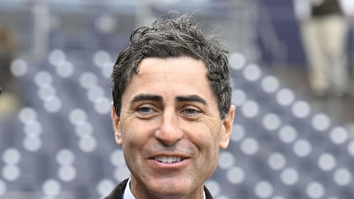 Mar 27, 2025; San Diego, California, USA; San Diego Padres general manager A.J. Preller looks on before an Opening Day baseball game between the San Diego Padres and the Atlanta Braves at Petco Park. Mandatory Credit: Denis Poroy-Imagn Images
