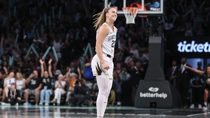 Jul 3, 2025; Brooklyn, New York, USA;  New York Liberty guard Sabrina Ionescu (20) celebrates after scoring in the third quarter against the Los Angeles Sparks at Barclays Center. Mandatory Credit: Wendell Cruz-Imagn Images