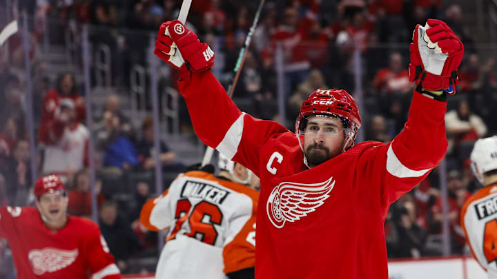 Jan 25, 2024; Detroit, Michigan, USA;  Detroit Red Wings center Dylan Larkin (71) celebrates after