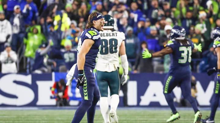Dec 18, 2023; Seattle, Washington, USA; Seattle Seahawks wide receiver Jake Bobo (19) celebrates following an interception against the Philadelphia Eagles by safety Julian Love (20, not pictured) during the fourth quarter at Lumen Field. Mandatory Credit: Joe Nicholson-Imagn Images Dec 18, 2023; Seattle, Washington, USA; Seattle Seahawks wide receiver Jake Bobo (19) celebrates following an interception against the Philadelphia Eagles by safety Julian Love (20, not pictured) during the fourth quarter at Lumen Field. Mandatory Credit: Joe Nicholson-Imagn Images