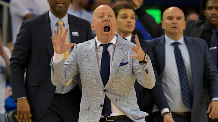 Jan 31, 2026; Los Angeles, California, USA;  UCLA Bruins head coach Mick Cronin on the bench during the second overtime period against the Indiana Hoosiers at Pauley Pavilion presented by Wescom Financial. Mandatory Credit: Jayne Kamin-Oncea-Imagn Images