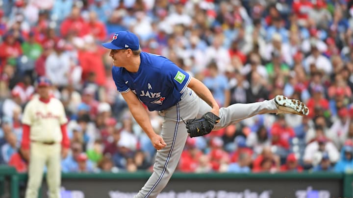 Jun 15, 2025; Philadelphia, Pennsylvania, USA; Toronto Blue Jays pitcher Erik Swanson (50) throws a pitch during the sixth inning against the Philadelphia Phillies at Citizens Bank Park. Jun 15, 2025; Philadelphia, Pennsylvania, USA; Toronto Blue Jays pitcher Erik Swanson (50) throws a pitch during the sixth inning against the Philadelphia Phillies at Citizens Bank Park.