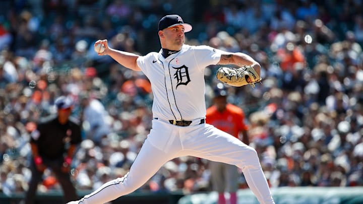 Detroit Tigers pitcher Alex Lange (55) throws against Houston Astros during the eighth inning at Comerica Park in Detroit on Sunday, May 12, 2024. Detroit Tigers pitcher Alex Lange (55) throws against Houston Astros during the eighth inning at Comerica Park in Detroit on Sunday, May 12, 2024.