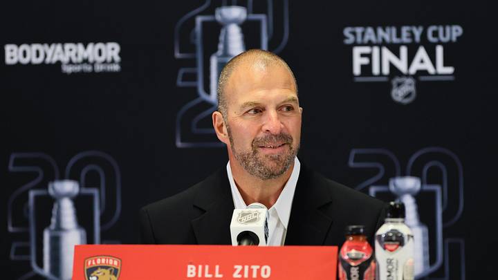 Jun 7, 2024; Sunrise, Florida, USA; Florida Panthers general manager Bill Zito speaks to reporters during media day in advance of the 2024 Stanley Cup Final at Amerant Bank Arena. Mandatory Credit: Sam Navarro-Imagn Images