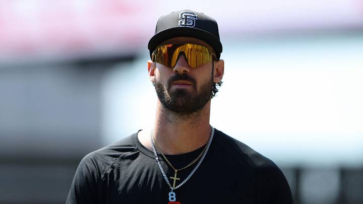 May 6, 2026; San Francisco, California, USA; San Francisco Giants designated hitter Bryce Eldridge (8) looks on before a baseball game against the San Diego Padres at Oracle Park. Mandatory Credit: Scott Marshall-Imagn Images