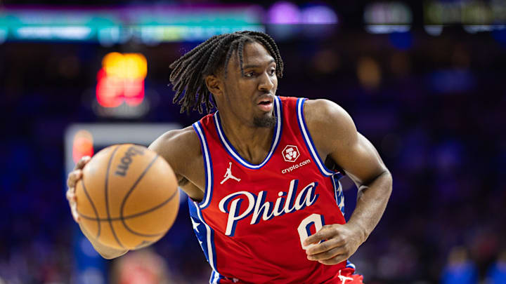 Apr 12, 2024; Philadelphia, Pennsylvania, USA; Philadelphia 76ers guard Tyrese Maxey (0) controls