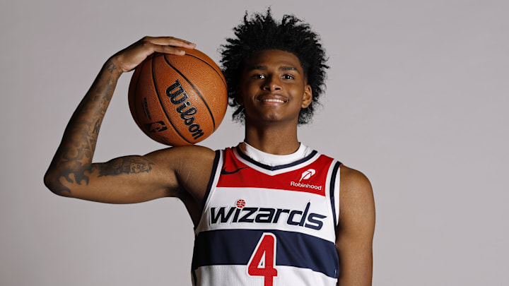Sep 29, 2025; Washington, DC, USA; Washington Wizards guard AJ Johnson (4) poses for a portrait during Wizards Media Day at CareFirst Arena. Mandatory Credit: Geoff Burke-Imagn Images Sep 29, 2025; Washington, DC, USA; Washington Wizards guard AJ Johnson (4) poses for a portrait during Wizards Media Day at CareFirst Arena. Mandatory Credit: Geoff Burke-Imagn Images