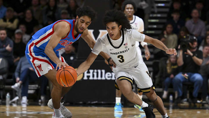 Jan 31, 2026; Nashville, TN, USA;  Vanderbilt Commodores guard Tyler Tanner (3) steals the ball from Mississippi Rebels guard Ilias Kamardine (6) during the second half at Memorial Gymnasium. Mandatory Credit: Steve Roberts-Imagn Images
