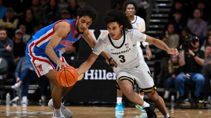 Jan 31, 2026; Nashville, TN, USA; Vanderbilt Commodores guard Tyler Tanner (3) steals the ball from Mississippi Rebels guard Ilias Kamardine (6) during the second half at Memorial Gymnasium. Mandatory Credit: Steve Roberts-Imagn Images Jan 31, 2026; Nashville, TN, USA; Vanderbilt Commodores guard Tyler Tanner (3) steals the ball from Mississippi Rebels guard Ilias Kamardine (6) during the second half at Memorial Gymnasium. Mandatory Credit: Steve Roberts-Imagn Images