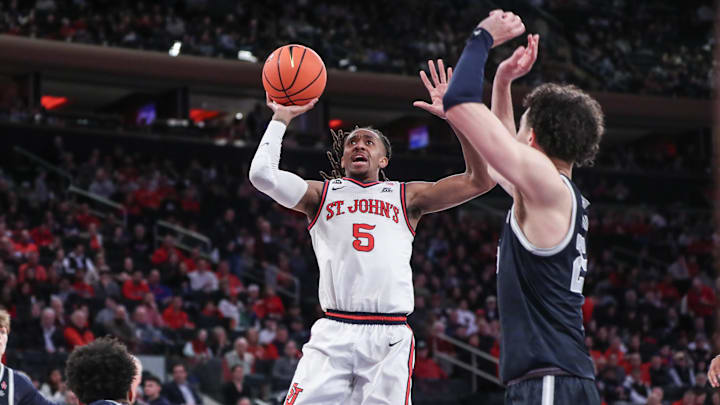 Mar 9, 2024; New York, New York, USA; St. John's Red Storm guard Daniss Jenkins (5) takes a jump