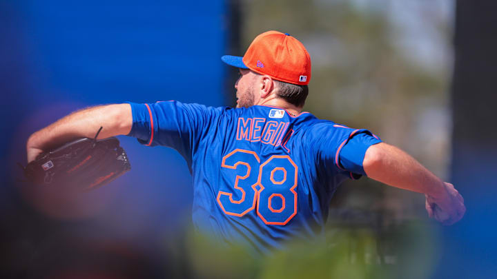 Feb 12, 2025; Port St. Lucie, FL, USA; New York Mets pitcher Tylor Megill (38) pitches during a Spring Training workout at Clover Park. Mandatory Credit: Sam Navarro-Imagn Images