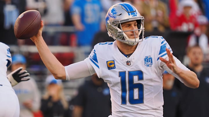 Jan 28, 2024; Santa Clara, California, USA; Detroit Lions quarterback Jared Goff (16) passes the
