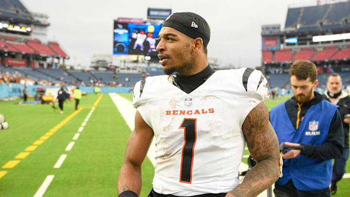 Dec 15, 2024; Nashville, Tennessee, USA;Cincinnati Bengals wide receiver Ja'Marr Chase (1) walks off the field against the Tennessee Titans post game  at Nissan Stadium. Mandatory Credit: Steve Roberts-Imagn Images
