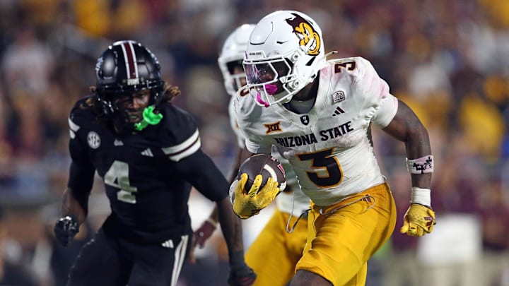Sep 6, 2025; Starkville, Mississippi, USA; Arizona State Sun Devils running back Raleek Brown (3) runs the ball for first down during the fourth quarter against the Mississippi State Bulldogs at Davis Wade Stadium at Scott Field. Mandatory Credit: Petre Thomas-Imagn Images Sep 6, 2025; Starkville, Mississippi, USA; Arizona State Sun Devils running back Raleek Brown (3) runs the ball for first down during the fourth quarter against the Mississippi State Bulldogs at Davis Wade Stadium at Scott Field. Mandatory Credit: Petre Thomas-Imagn Images