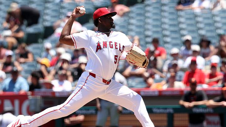 Jun 24, 2026; Anaheim, California, USA; Los Angeles Angels pitcher Jose Soriano (59) pitches during the second inning against the Baltimore Orioles at Angel Stadium. Mandatory Credit: Kiyoshi Mio-Imagn Images