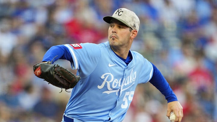 May 16, 2025; Kansas City, Missouri, USA; Kansas City Royals starting pitcher Cole Ragans (55) pitches during the first inning against the St. Louis Cardinals at Kauffman Stadium. Mandatory Credit: Jay Biggerstaff-Imagn Images