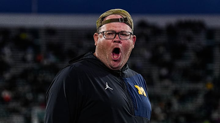 Michigan tight ends coach Steve Casula watches warm up ahead of the Michigan State game at Spartan Stadium in East Lansing on Saturday, October 25, 2025.