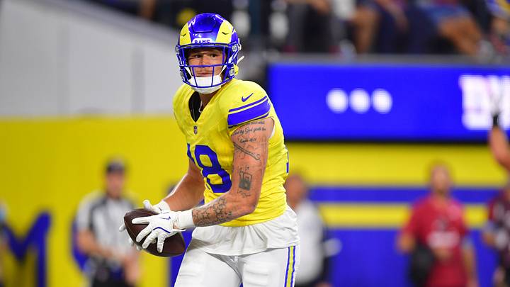 Sep 21, 2026; Inglewood, California, USA; Los Angeles Rams tight end Terrance Ferguson (18) scores a touchdown during the fourth quarter against the New York Giants at SoFi Stadium. Mandatory Credit: Gary A. Vasquez-Imagn Images Sep 21, 2026; Inglewood, California, USA; Los Angeles Rams tight end Terrance Ferguson (18) scores a touchdown during the fourth quarter against the New York Giants at SoFi Stadium. Mandatory Credit: Gary A. Vasquez-Imagn Images