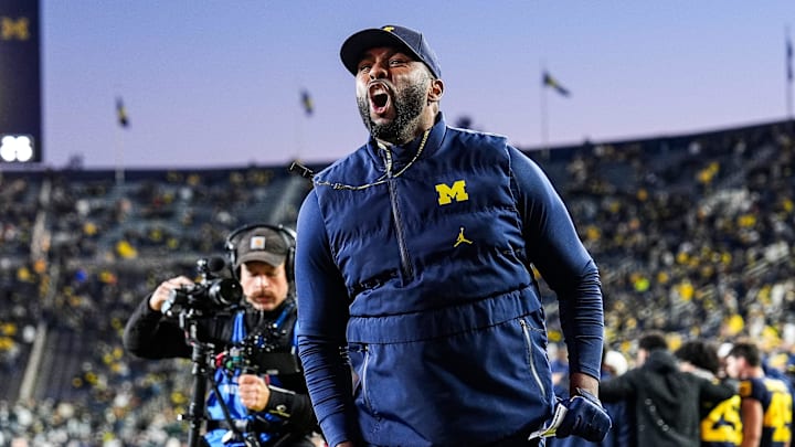 Michigan head coach Sherrone Moore cheers up fans before the Michigan State game at Michigan Stadium in Ann Arbor on Saturday, Oct. 26, 2024.