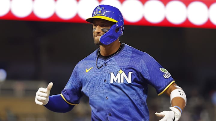 Sep 19, 2025; Minneapolis, Minnesota, USA; Minnesota Twins third baseman Royce Lewis (23) celebrates his RBI single against the Cleveland Guardians in the sixth inning at Target Field. Mandatory Credit: Bruce Kluckhohn-Imagn Images