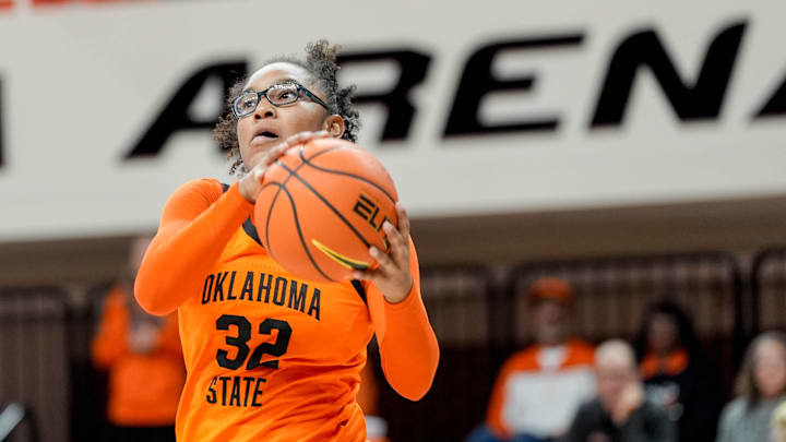 Oklahoma State guard Stailee Heard (32) catches a pass from across the court and lays up the ball in the fourth quarter during an NCAA women’s basketball game between Oklahoma State and McNeese at Gallagher-Iba Arena in Stillwater, Okla., on Monday, Dec. 16, 2024.