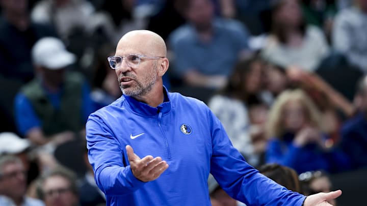 Mar 16, 2025; Dallas, Texas, USA;  Dallas Mavericks head coach Jason Kidd reacts against the Philadelphia 76ers during the second half at American Airlines Center. Mandatory Credit: Kevin Jairaj-Imagn Images