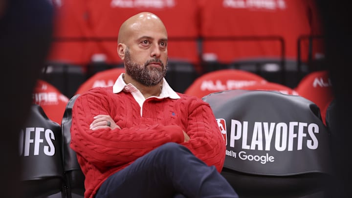 Apr 24, 2026; Houston, Texas, USA; Houston Rockets general manager Rafael Stone watches during practice before game three of the first round of the 2026 NBA Playoffs against the Los Angeles Lakers at Toyota Center. Mandatory Credit: Troy Taormina-Imagn Images