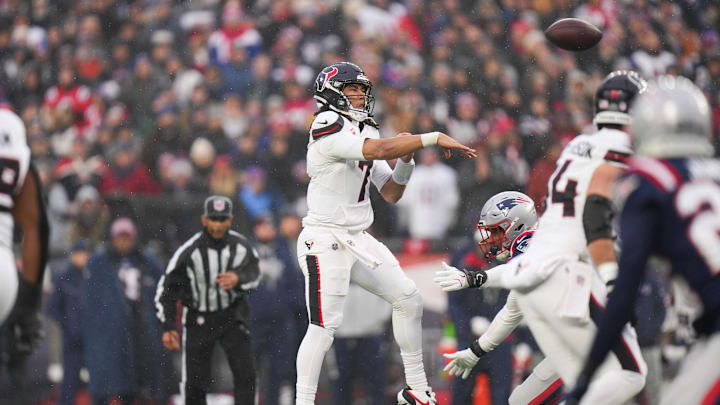 Jan 18, 2026; Foxborough, MA, USA; Houston Texans quarterback C.J. Stroud (7) throws in the first quarter against the New England Patriots in an AFC Divisional Round game at Gillette Stadium. Mandatory Credit: Brian Fluharty-Imagn Images