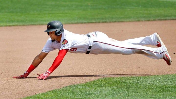 Rochester’s Erick Mejia dives into second base with the steal against Scranton Wilkes Barre.