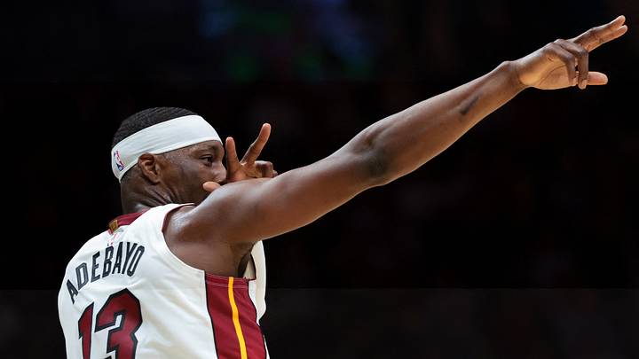 Oct 8, 2026; Miami, Florida, USA; Miami Heat center Bam Adebayo (13) celebrates after scoring against the New Orleans Pelicans during the first quarter at Kaseya Center. Mandatory Credit: Sam Navarro-Imagn Images