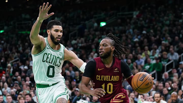 Dec 12, 2023; Boston, Massachusetts, USA; Cleveland Cavaliers guard Darius Garland (10) drives