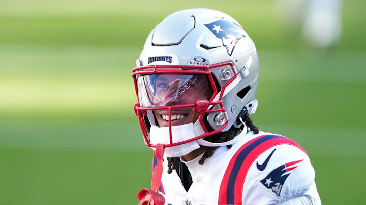 Feb 8, 2026; Santa Clara, CA, USA; New England Patriots wide receiver Kyle Williams (18) before Super Bowl LX against the Seattle Seahawks at Levi's Stadium. Mandatory Credit: Darren Yamashita-Imagn Images