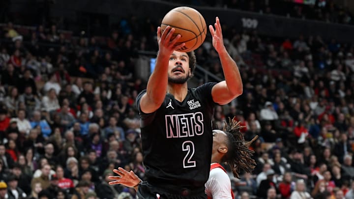 Jan 1, 2025; Toronto, Ontario, CAN;  Brooklyn Nets forward Cam Johnson (2) shoots the ball against the Toronto Raptors in the first half at Scotiabank Arena. Mandatory Credit: Dan Hamilton-Imagn Images