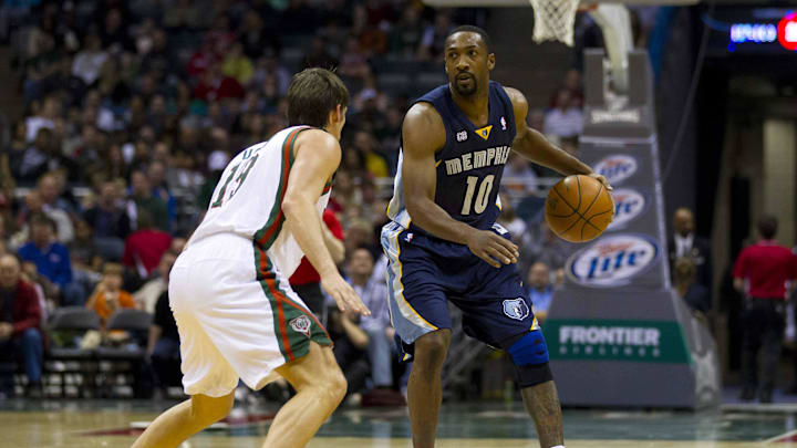 Mar 31, 2012; Milwaukee, WI, USA; Memphis Grizzlies guard Gilbert Arenas (10) during the game against the Milwaukee Bucks at the Bradley Center. The Grizzlies defeated the Bucks 99-95. Mandatory Credit: Jeff Hanisch-Imagn Images Mar 31, 2012; Milwaukee, WI, USA; Memphis Grizzlies guard Gilbert Arenas (10) during the game against the Milwaukee Bucks at the Bradley Center. The Grizzlies defeated the Bucks 99-95. Mandatory Credit: Jeff Hanisch-Imagn Images