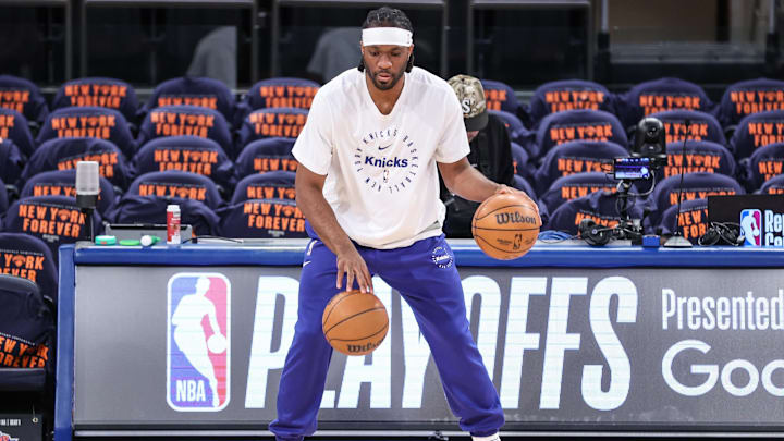 May 10, 2025; New York, New York, USA; New York Knicks forward Precious Achiuwa (5) warms up prior to game three of the second round for the 2025 NBA Playoffs against the Boston Celtics at Madison Square Garden. Mandatory Credit: Wendell Cruz-Imagn Images