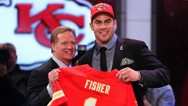 Apr 25, 2013; New York, NY, USA; NFL commissioner Roger Goodell introduces offensive tackle Eric Fisher (Central Michigan) as the first overall pick to the Kansas City Chiefs during the 2013 NFL Draft at Radio City Music Hall. Mandatory Credit: Brad Penner-Imagn Images