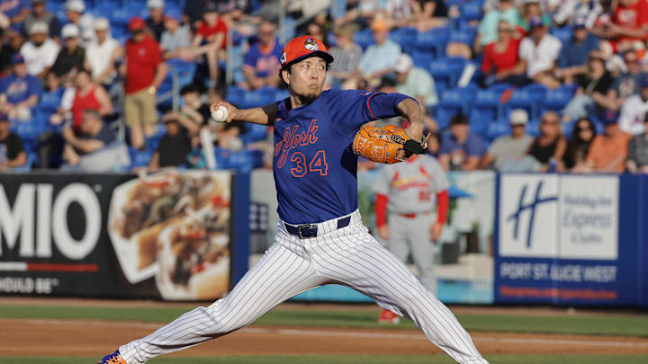 New York Mets pitcher Kodai Senga (34) throws a pitch during the first inning against the St. Louis Cardinals at Clover Park in 2025. New York Mets pitcher Kodai Senga (34) throws a pitch during the first inning against the St. Louis Cardinals at Clover Park in 2025.