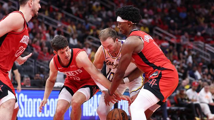 Apr 26, 2026; Houston, Texas, USA; Houston Rockets guard Reed Sheppard (15) and Los Angeles Lakers guard Luke Kennard (10) battle for a loose ball during the third quarter during game four of the first round of the 2026 NBA Playoffs at Toyota Center. Mandatory Credit: Troy Taormina-Imagn Images Apr 26, 2026; Houston, Texas, USA; Houston Rockets guard Reed Sheppard (15) and Los Angeles Lakers guard Luke Kennard (10) battle for a loose ball during the third quarter during game four of the first round of the 2026 NBA Playoffs at Toyota Center. Mandatory Credit: Troy Taormina-Imagn Images