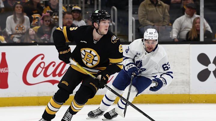 Mar 24, 2026; Boston, Massachusetts, USA; Toronto Maple Leafs left wing Matias MacCelli (63) gives chase to Boston Bruins defenseman Mason Lohrei (6) during the first period at TD Garden. Mandatory Credit: Winslow Townson-Imagn Images Mar 24, 2026; Boston, Massachusetts, USA; Toronto Maple Leafs left wing Matias MacCelli (63) gives chase to Boston Bruins defenseman Mason Lohrei (6) during the first period at TD Garden. Mandatory Credit: Winslow Townson-Imagn Images